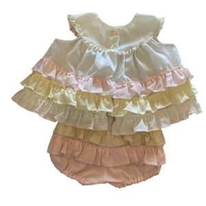 vintage 70s Ruffled Pastel Baby Dress Set w/ top & bloomers with floral patch
